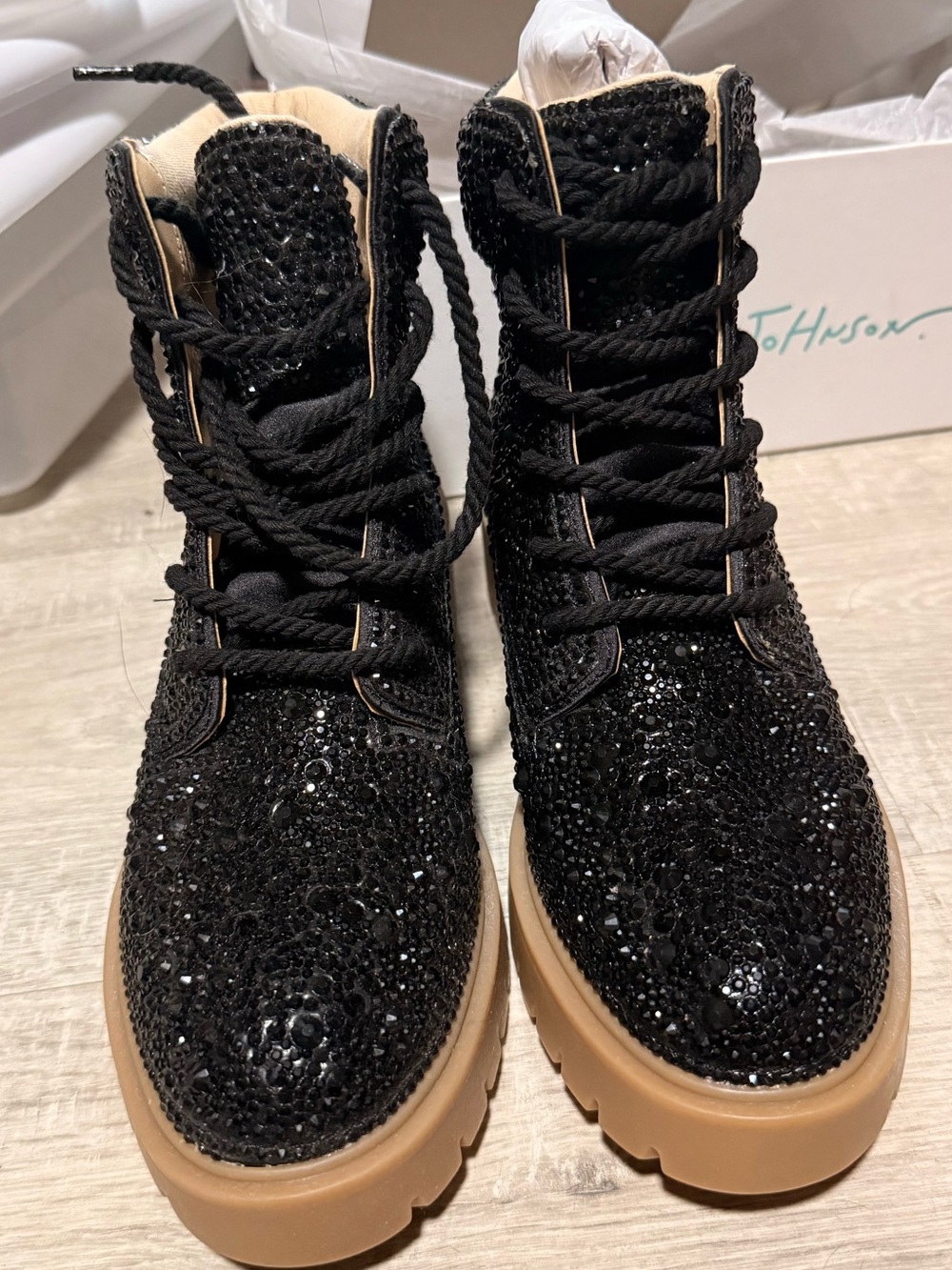 Betsey Johnson Black Crystal Lace-Up Platform Combat Boots